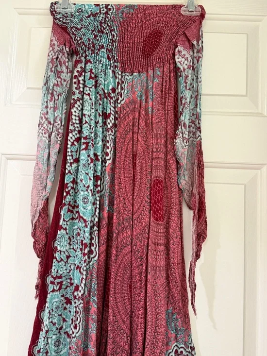 Hawaii Boho Strapless Maxi Dress in Burgundy & Teal Floral - Picture 2 of 7